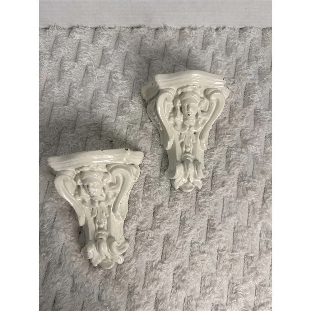 Vintage Cherub Wall Sconces Shelf Plaster Distressed Pair Rococo Baroque 2